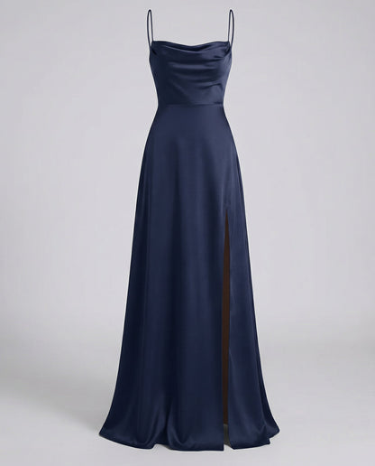 Dames Maxi Avondjurk met Waterval-hals, Spaghettibandjes en Beenslip Donkerblauw