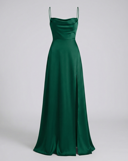Dames Maxi Avondjurk met Waterval-hals, Spaghettibandjes en Beenslip Groen