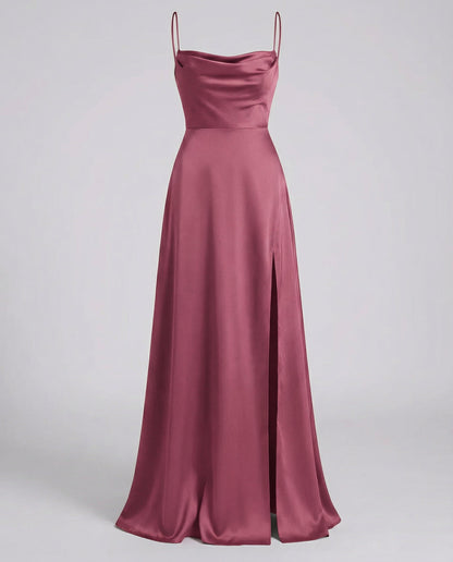 Dames Maxi Avondjurk met Waterval-hals, Spaghettibandjes en Beenslip Roze