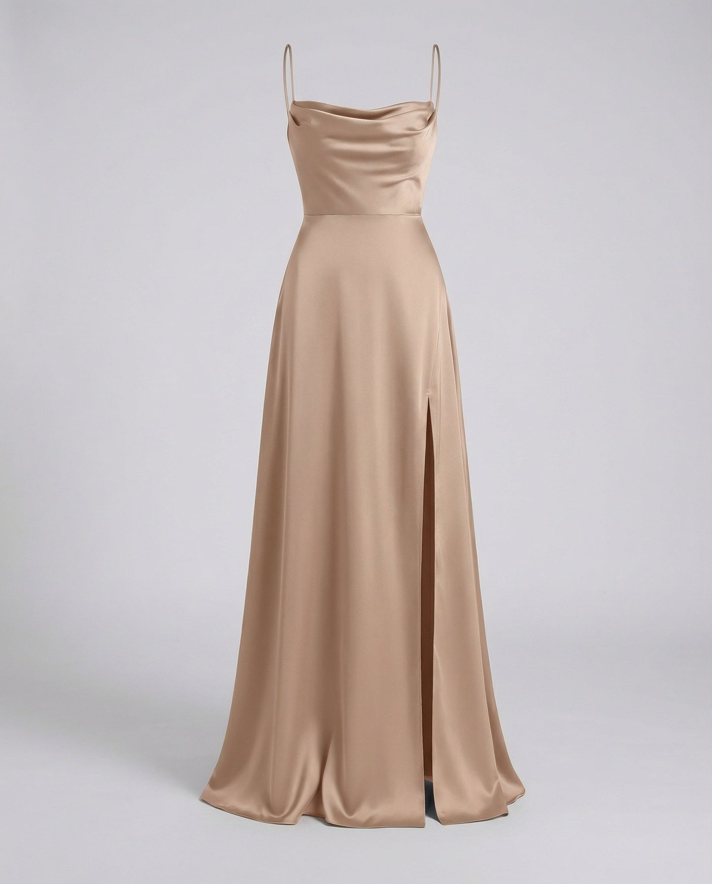 Dames Maxi Avondjurk met Waterval-hals, Spaghettibandjes en Beenslip Bruin