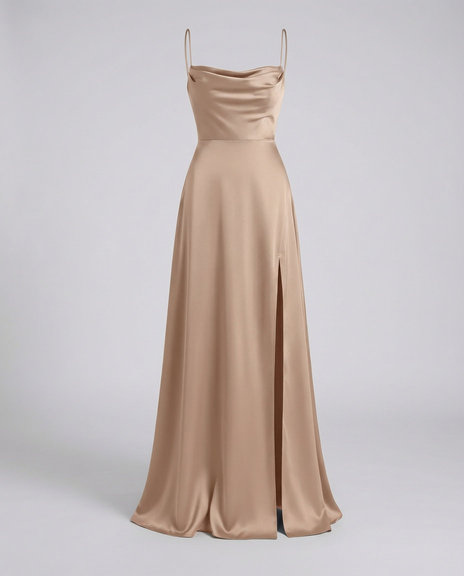 Dames Maxi Avondjurk met Waterval-hals, Spaghettibandjes en Beenslip Bruin