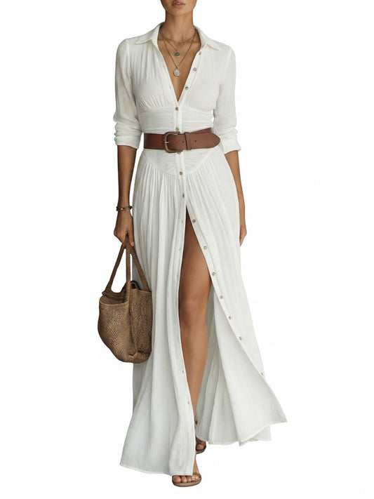 Dames Maxi Blousejurk met Kraag, Knoopsluiting en Ceintuur