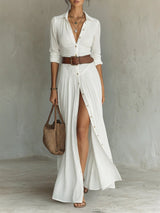 Dames Maxi Blousejurk met Kraag, Knoopsluiting en Ceintuur