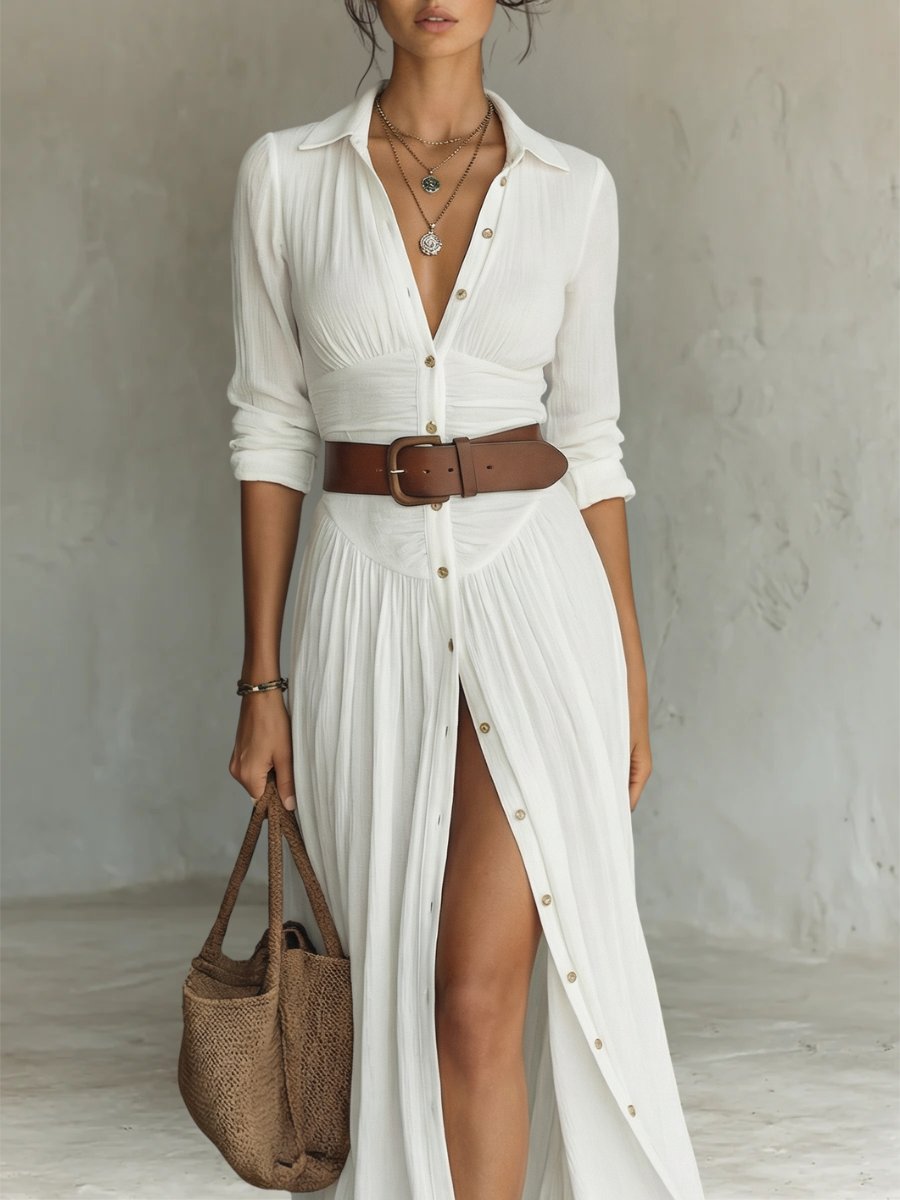 Dames Maxi Blousejurk met Kraag, Knoopsluiting en Ceintuur