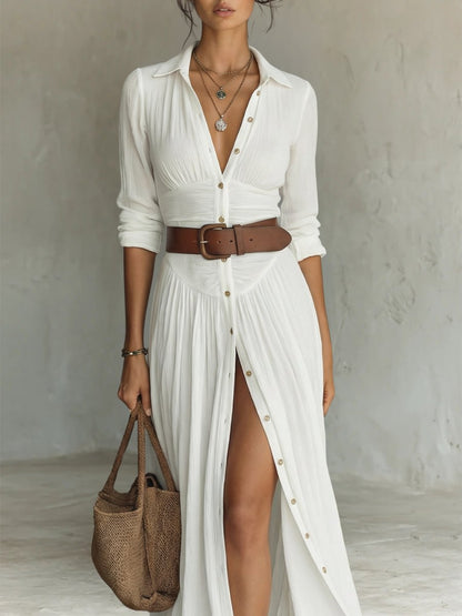 Dames Maxi Blousejurk met Kraag, Knoopsluiting en Ceintuur