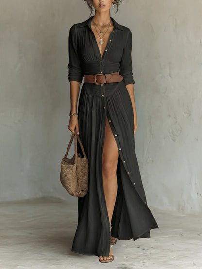 Dames Maxi Blousejurk met Kraag, Knoopsluiting en Ceintuur Zwart