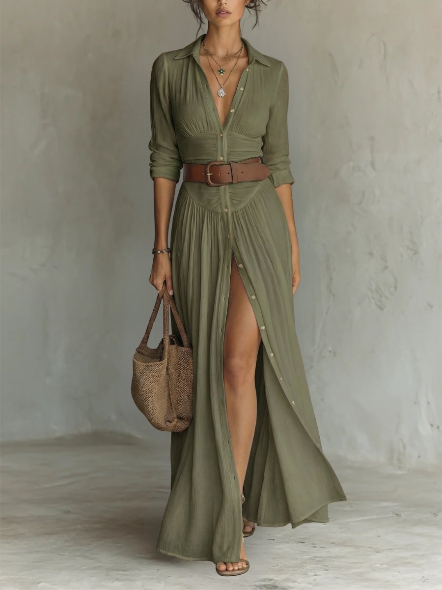 Dames Maxi Blousejurk met Kraag, Knoopsluiting en Ceintuur Groen