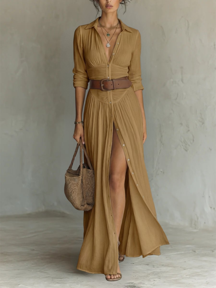 Dames Maxi Blousejurk met Kraag, Knoopsluiting en Ceintuur Bruin