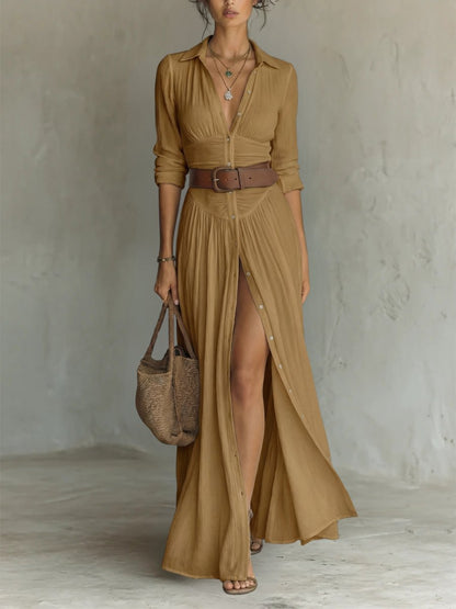Dames Maxi Blousejurk met Kraag, Knoopsluiting en Ceintuur Bruin