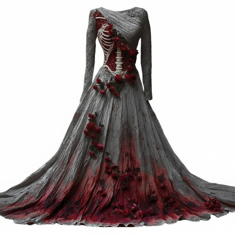 Dames Maxi Feestjurk met Skelet Korset, Rozenapplicaties en Asymmetrische Hals