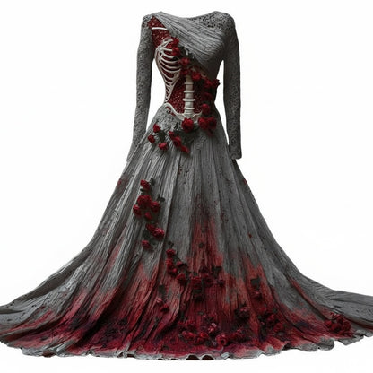 Dames Maxi Feestjurk met Skelet Korset, Rozenapplicaties en Asymmetrische Hals