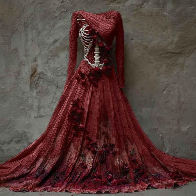 Dames Maxi Feestjurk met Skelet Korset, Rozenapplicaties en Asymmetrische Hals Rood