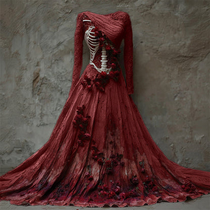 Dames Maxi Feestjurk met Skelet Korset, Rozenapplicaties en Asymmetrische Hals Rood