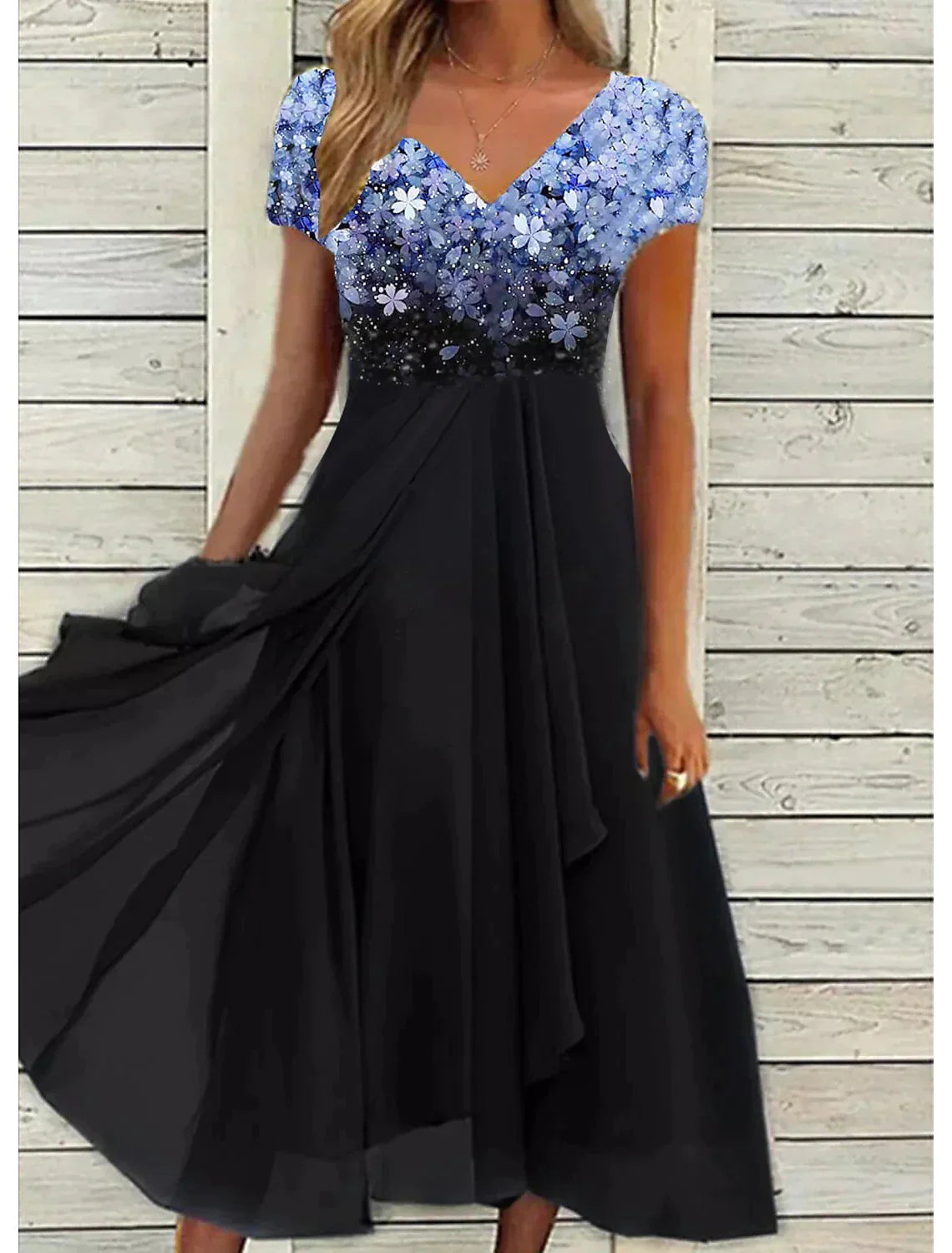Dames Maxi Jurk Korte Mouw met V-hals en Bloemenprint A-lijn Blauw
