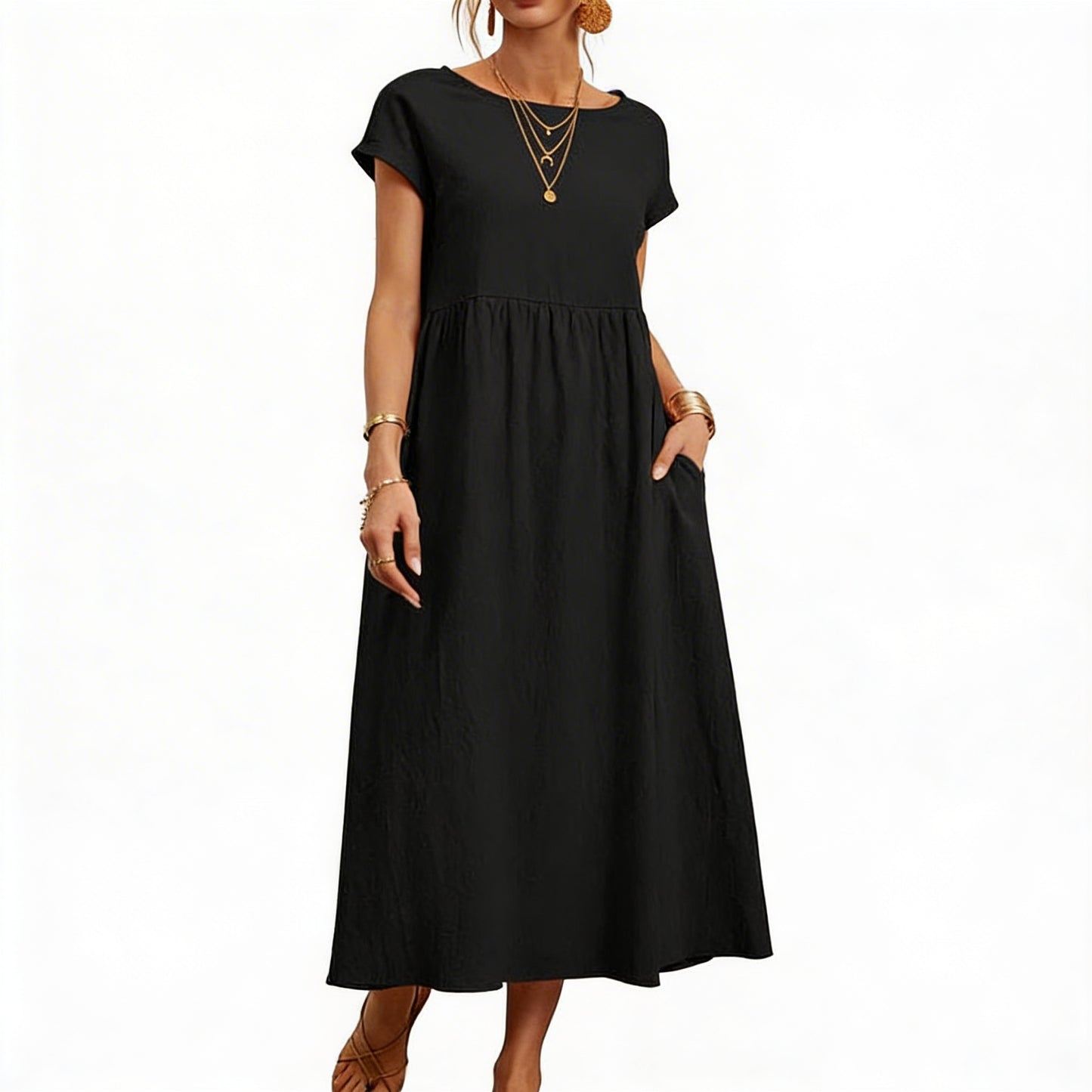 Dames Maxi Jurk Korte Mouw met Zakken en Ronde Hals