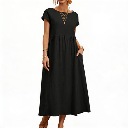 Dames Maxi Jurk Korte Mouw met Zakken en Ronde Hals