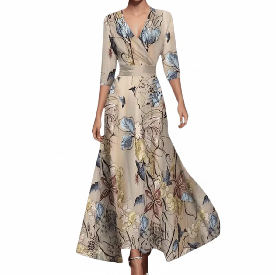 Dames Maxi Jurk met Bloemenprint, Driekwart Mouw en V-hals