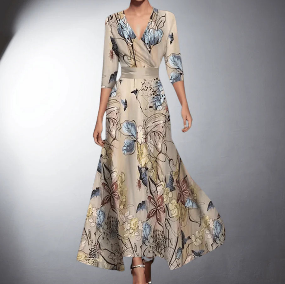 Dames Maxi Jurk met Bloemenprint, Driekwart Mouw en V-hals Champagne