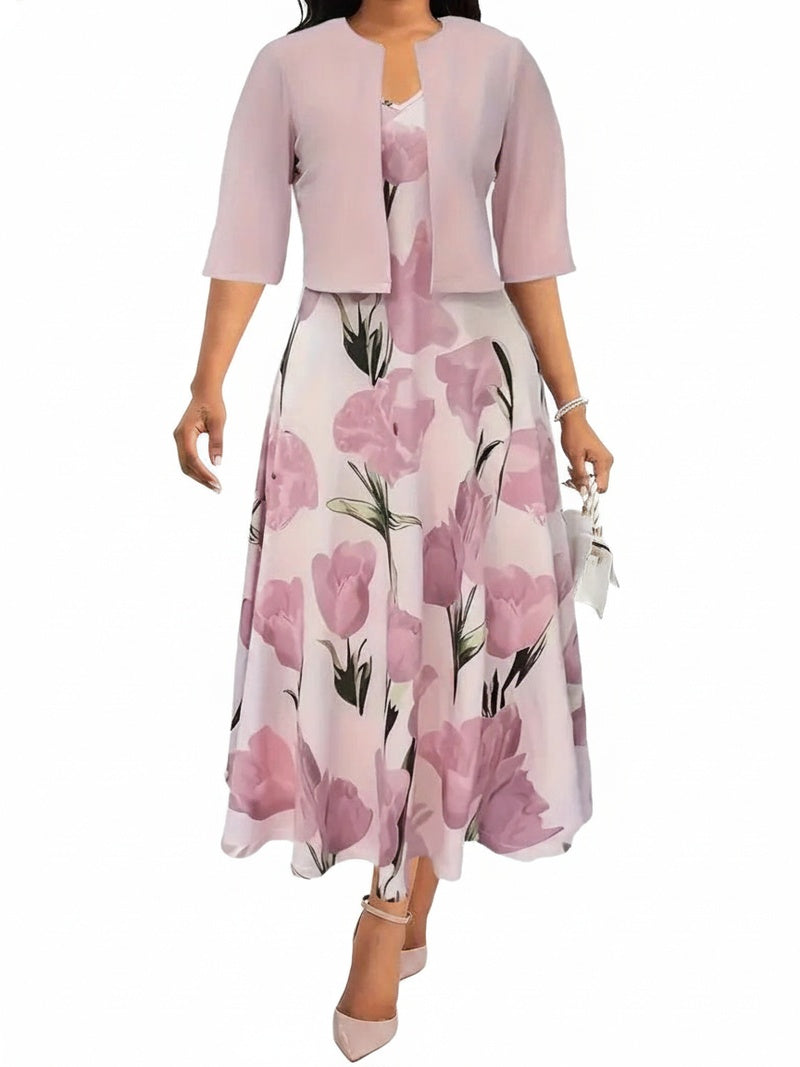 Dames Maxi Jurk met Bloemenprint en Bijpassende Open Jacket Driekwart Mouw