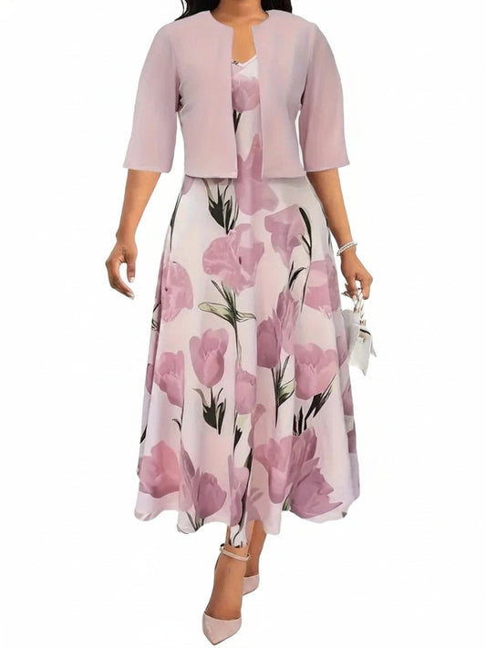 Dames Maxi Jurk met Bloemenprint en Bijpassende Open Jacket Driekwart Mouw