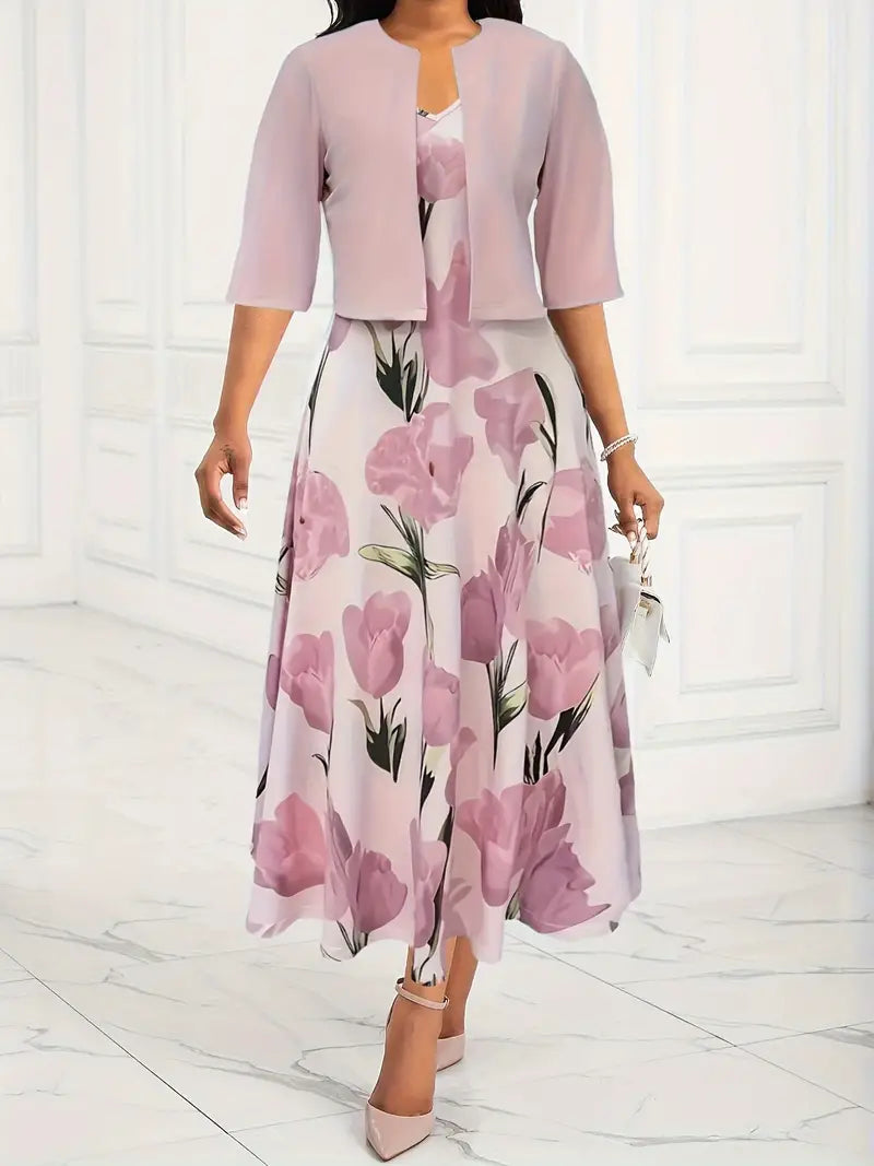 Dames Maxi Jurk met Bloemenprint en Bijpassende Open Jacket Driekwart Mouw Roze