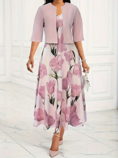 Dames Maxi Jurk met Bloemenprint en Bijpassende Open Jacket Driekwart Mouw Roze
