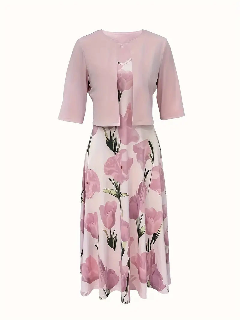 Dames Maxi Jurk met Bloemenprint en Bijpassende Open Jacket Driekwart Mouw