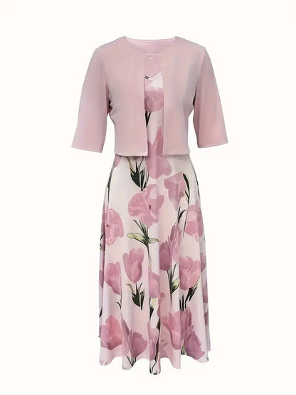 Dames Maxi Jurk met Bloemenprint en Bijpassende Open Jacket Driekwart Mouw