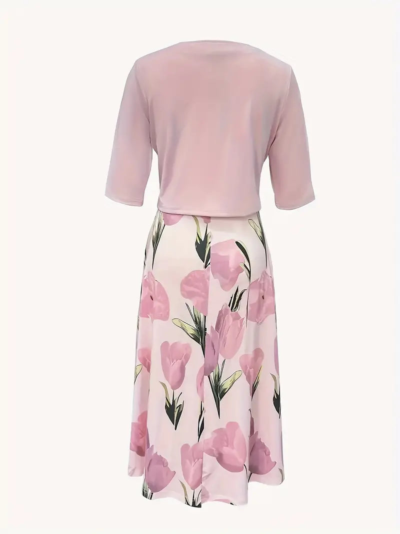Dames Maxi Jurk met Bloemenprint en Bijpassende Open Jacket Driekwart Mouw