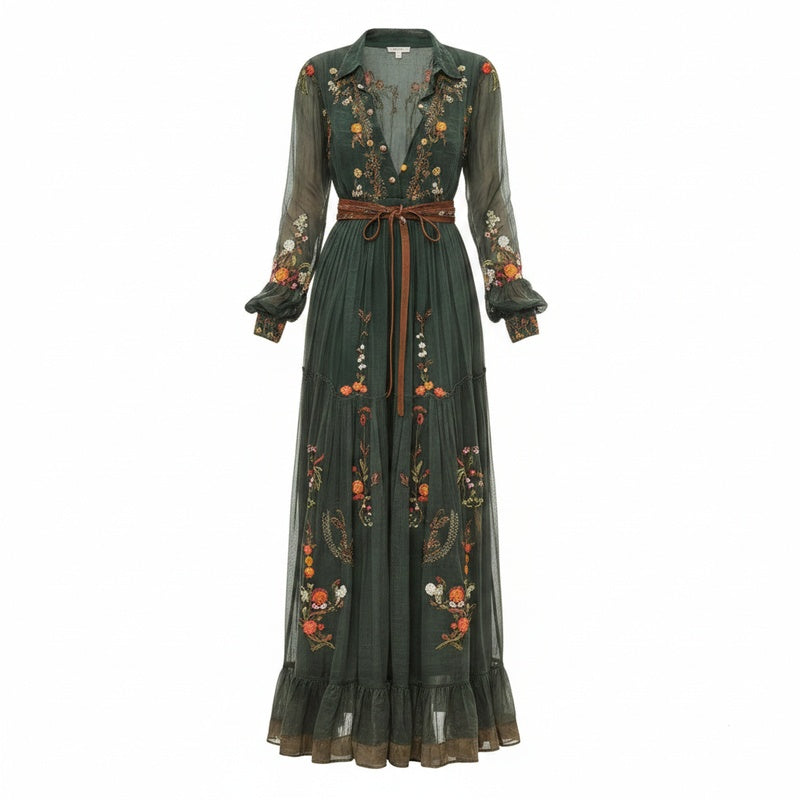 Dames Maxi Jurk met Bloemenprint, Lange Mouwen en Ruchesdetails