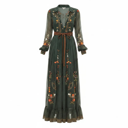 Dames Maxi Jurk met Bloemenprint, Lange Mouwen en Ruchesdetails