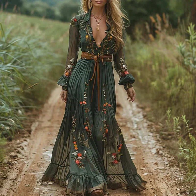 Dames Maxi Jurk met Bloemenprint, Lange Mouwen en Ruchesdetails Donkergroen