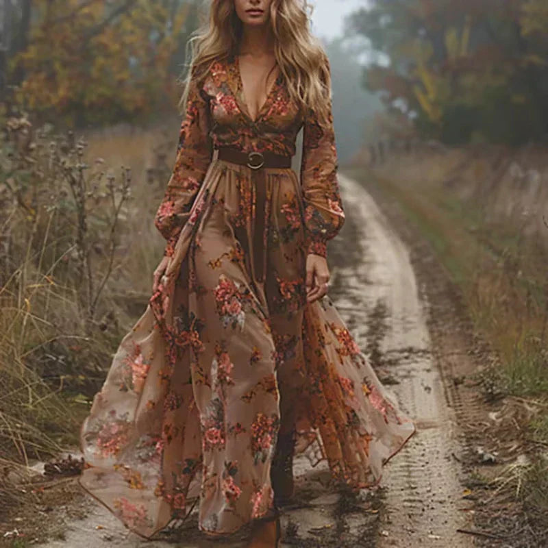 Dames Maxi Jurk met Bloemenprint, Lange Mouwen en Ruchesdetails Bruin