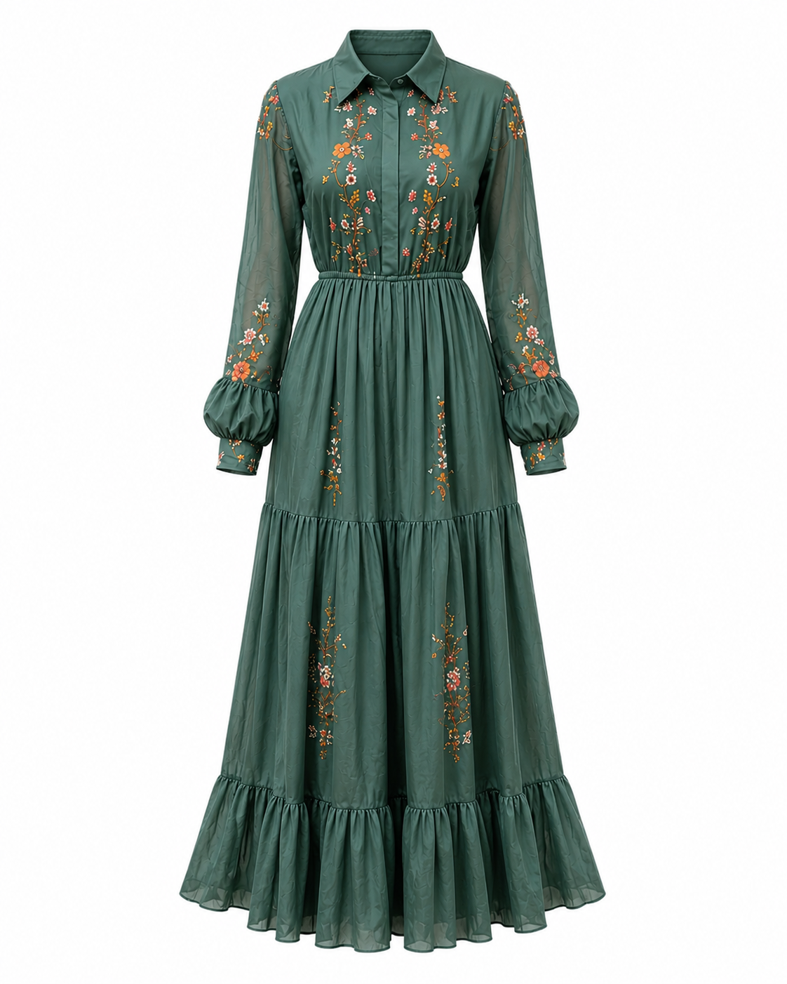 Dames Maxi Jurk met Bloemenprint, Lange Mouwen en Ruchesdetails