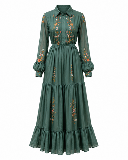 Dames Maxi Jurk met Bloemenprint, Lange Mouwen en Ruchesdetails