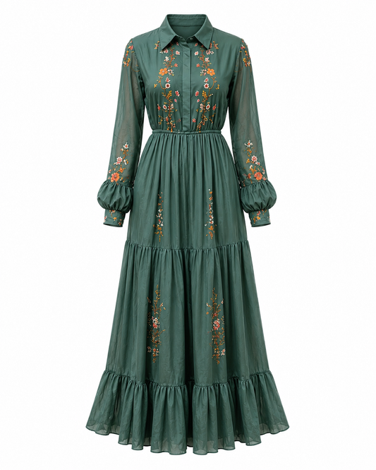 Dames Maxi Jurk met Bloemenprint, Lange Mouwen en Ruchesdetails