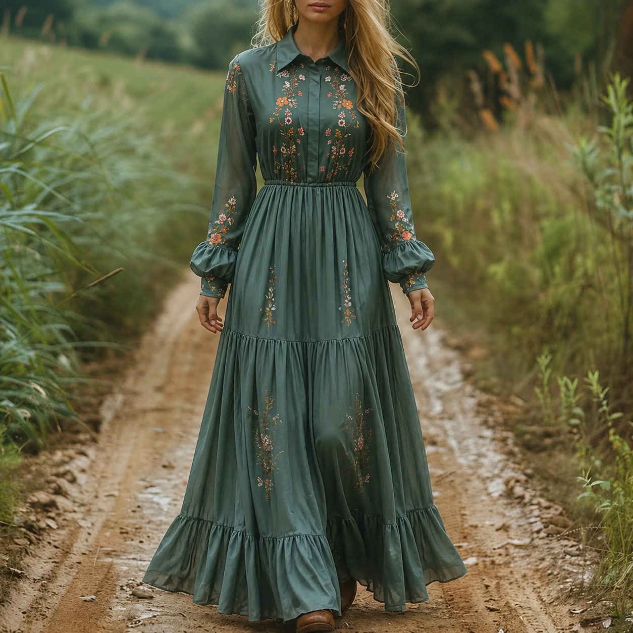 Dames Maxi Jurk met Bloemenprint, Lange Mouwen en Ruchesdetails Donkergroen