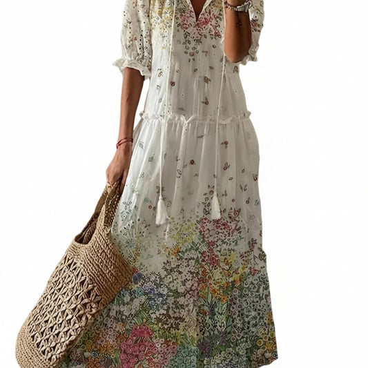 Dames Maxi Jurk met Bloemenprint, V-hals en Kwastjes