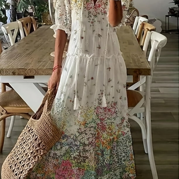 Dames Maxi Jurk met Bloemenprint, V-hals en Kwastjes