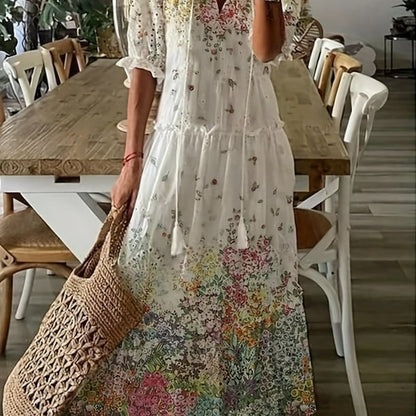 Dames Maxi Jurk met Bloemenprint, V-hals en Kwastjes