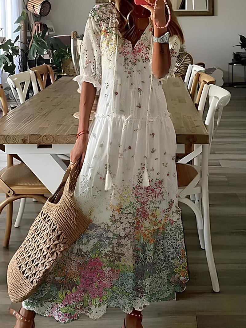 Dames Maxi Jurk met Bloemenprint, V-hals en Kwastjes Bloemen Explosie