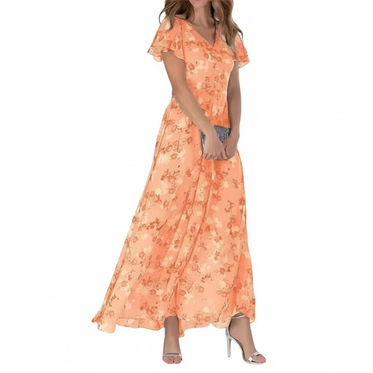 Dames Maxi Jurk met Bloemenprint, V-hals en Ruffle Mouwen