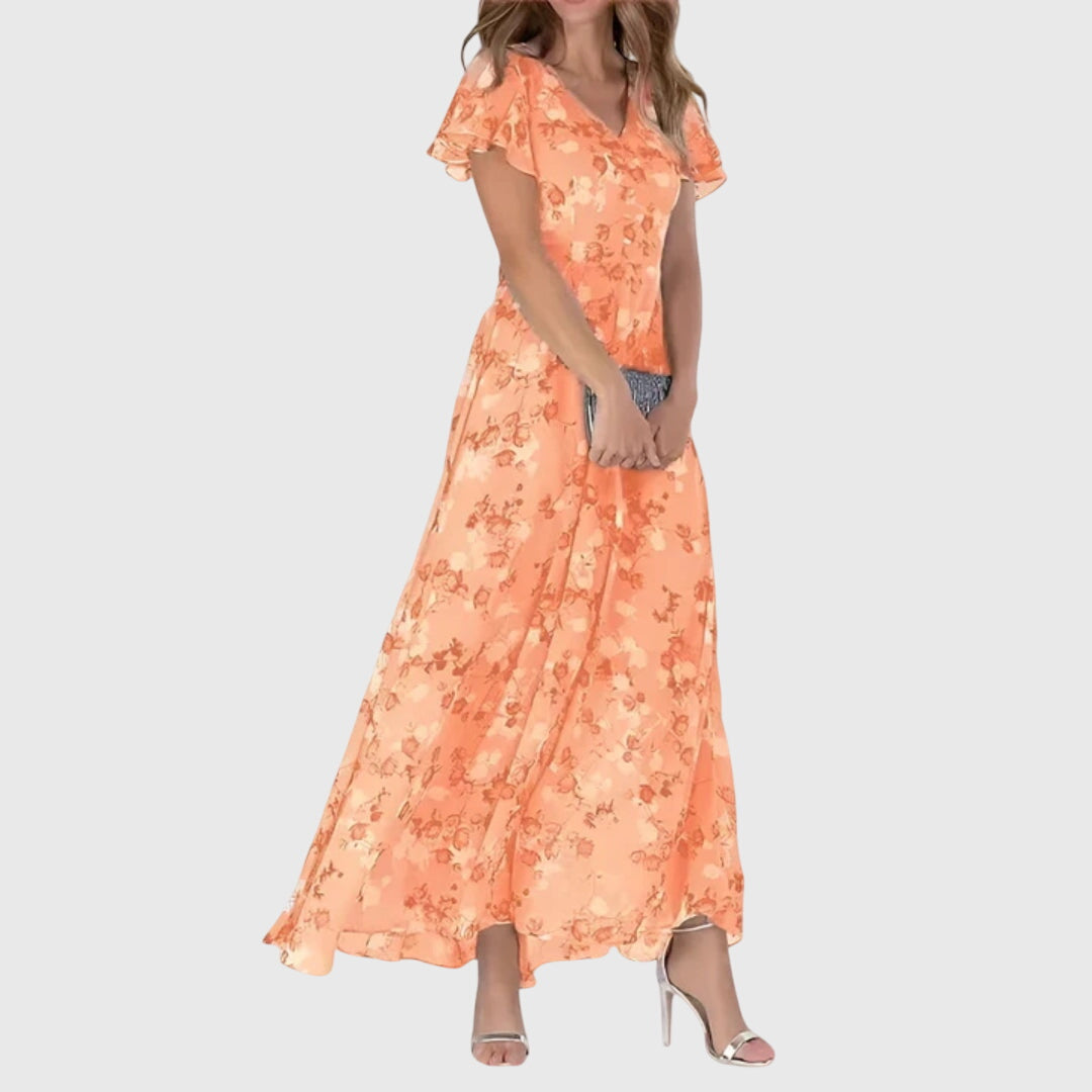 Dames Maxi Jurk met Bloemenprint, V-hals en Ruffle Mouwen Oranje