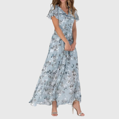 Dames Maxi Jurk met Bloemenprint, V-hals en Ruffle Mouwen Blauw