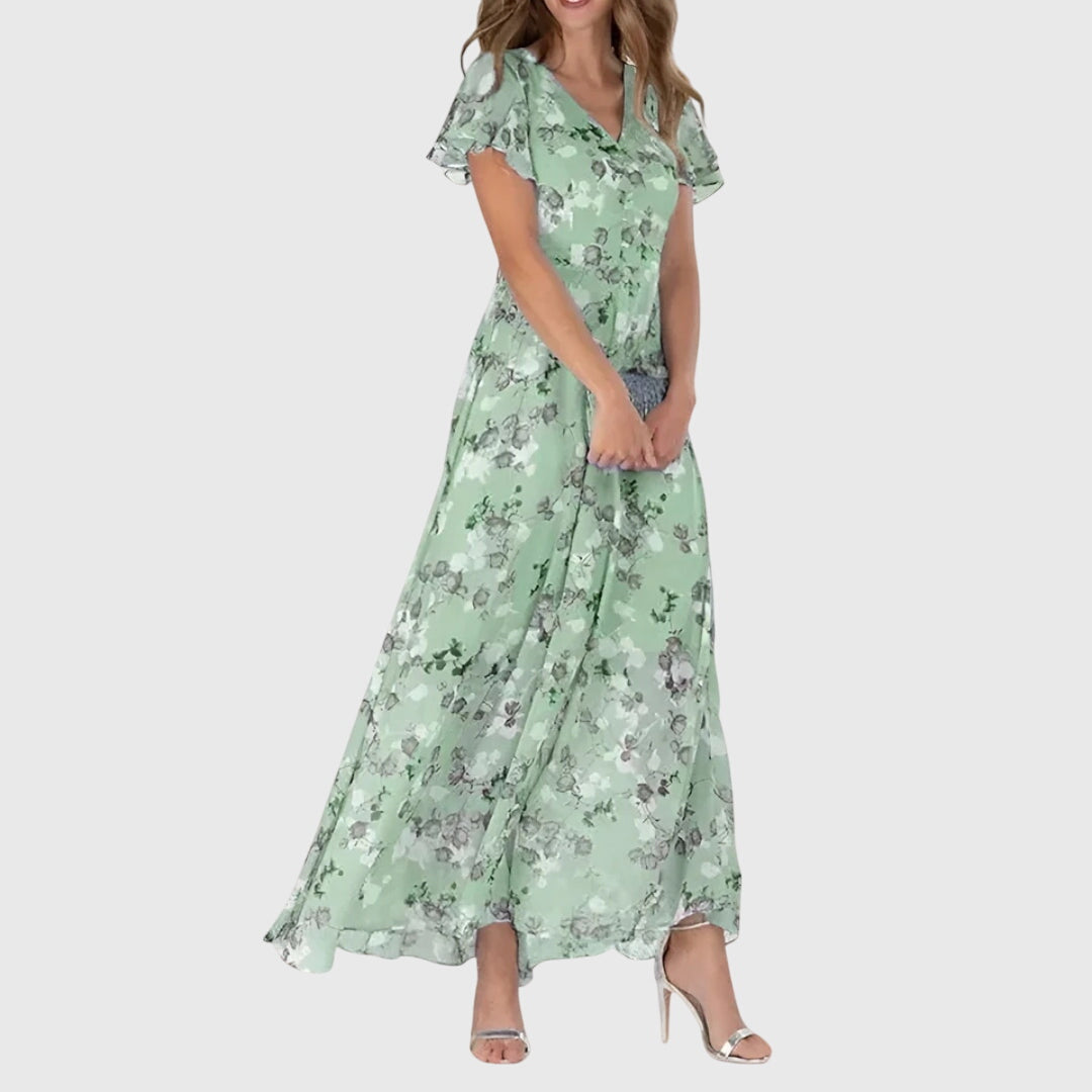 Dames Maxi Jurk met Bloemenprint, V-hals en Ruffle Mouwen Groen