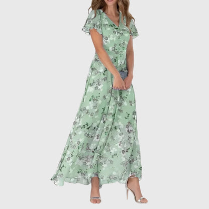 Dames Maxi Jurk met Bloemenprint, V-hals en Ruffle Mouwen Groen