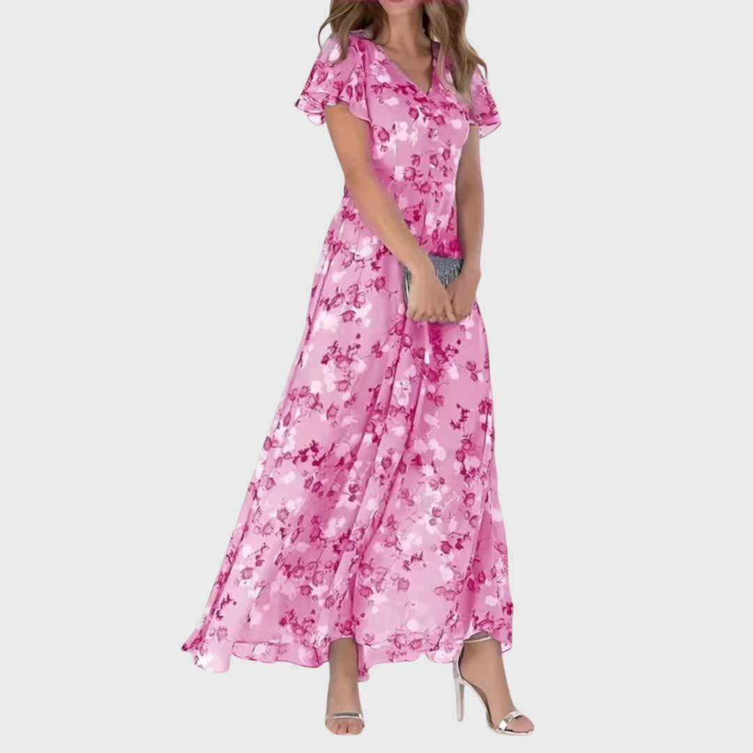 Dames Maxi Jurk met Bloemenprint, V-hals en Ruffle Mouwen Lichtroze