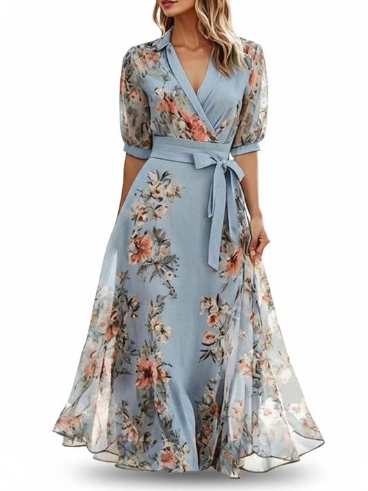 Dames Maxi Jurk met Bloemenprint, V-hals en Strikceintuur