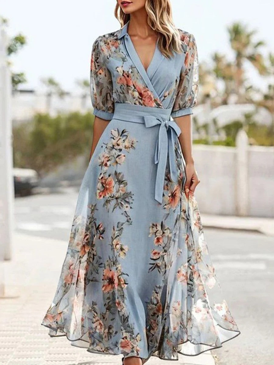 Dames Maxi Jurk met Bloemenprint, V-hals en Strikceintuur Blauw