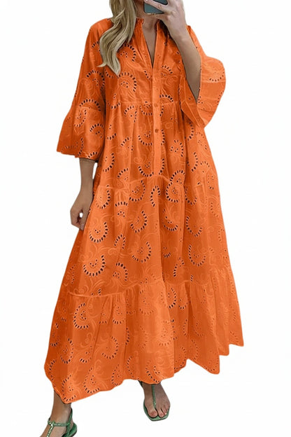 Dames Maxi Jurk met Broderie en V-hals en Driekwart Mouw